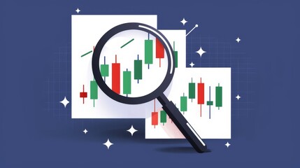 Magnifying glass over financial charts, dark blue background.