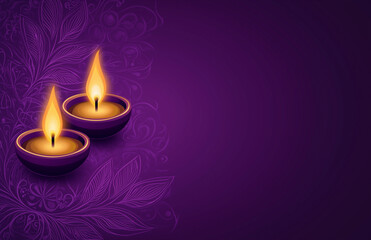 Two Traditional Diwali Oil Lamps on Ornate Purple Background with Copy Space