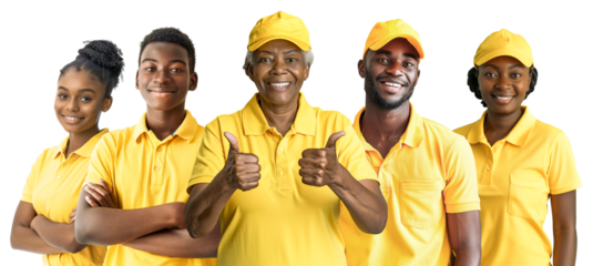 Multi generational African American work team posing with a smile wearing yellow job uniform. Ethnicity at work concept