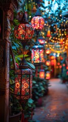 Fototapeta premium Brightly lit lanterns hang from a walkway in a garden, travel concept, vertical background