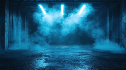 Fototapeta premium A dark, moody space illuminated by blue lights and filled with mist, perfect for dramatic scenes or creative photography.