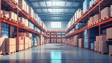 Fototapeta premium Spacious warehouse interior filled with organized pallets and boxes, showcasing efficient storage and inventory management.