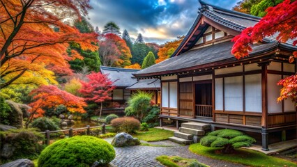 Fototapeta premium Beautiful Japanese architecture surrounded by vibrant autumn foliage, showcasing a serene garden with colorful leaves and traditional wooden structures.
