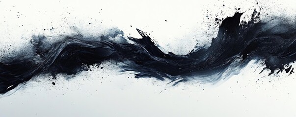 An abstract composition featuring dynamic black brush strokes on a clean white background, conveying movement and energy.