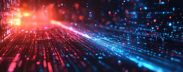 Obraz premium Vibrant digital landscape showcasing a blend of glowing lights and data streams, ideal for technology and futuristic themes.