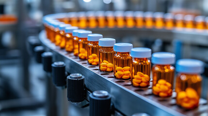 Fototapeta premium Pharmaceutical Production Line with Amber Bottles