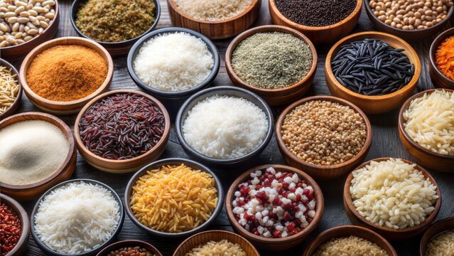 An array of various grains and spices displayed in wooden bowls, showcasing diverse textures and colors, arranged artistically on a rustic surface.