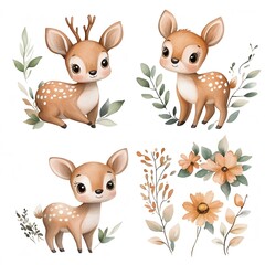 set of baby deers and flowers illustration