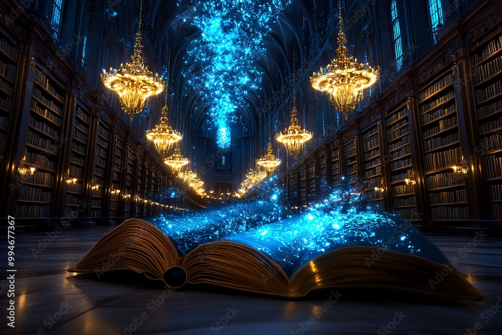 Poster an enchanted library in a grand castle, with golden chandeliers and books that light up as they are 