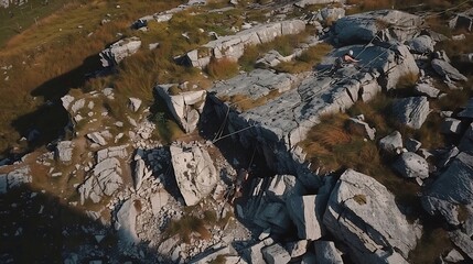 Obraz premium Drone shot of rock climbing route capturing the climbers ascent and gear