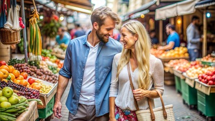 Obraz premium A joyful couple strolling through a vibrant market filled with fresh fruits and vegetables, surrounded by colorful stalls and a lively atmosphere, enjoying their time together.