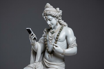 Fototapeta premium Divine Krishna statue with modern smartphone symbolizes blend of tradition and technology in contemporary artwork