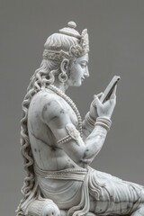 Obraz premium Shiva statue holding a modern smartphone merging classic tradition with contemporary technology for social commentary