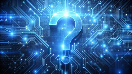 Glowing blue question mark hologram is hovering over a futuristic circuit board
