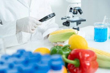 Scientist check chemical fruit residues in laboratory. Control experts inspect the concentration of...