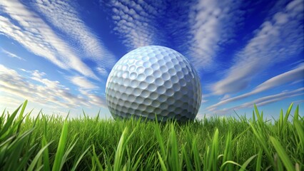 White golf ball sitting on lush green grass with a partly cloudy blue sky in the background