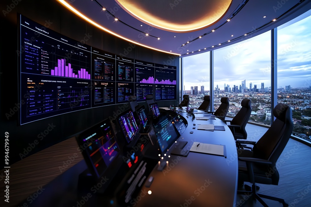 Poster A 3D visualization of a Chamber of Commerce boardroom meeting, with interactive digital screens and virtual data points showing local business trends