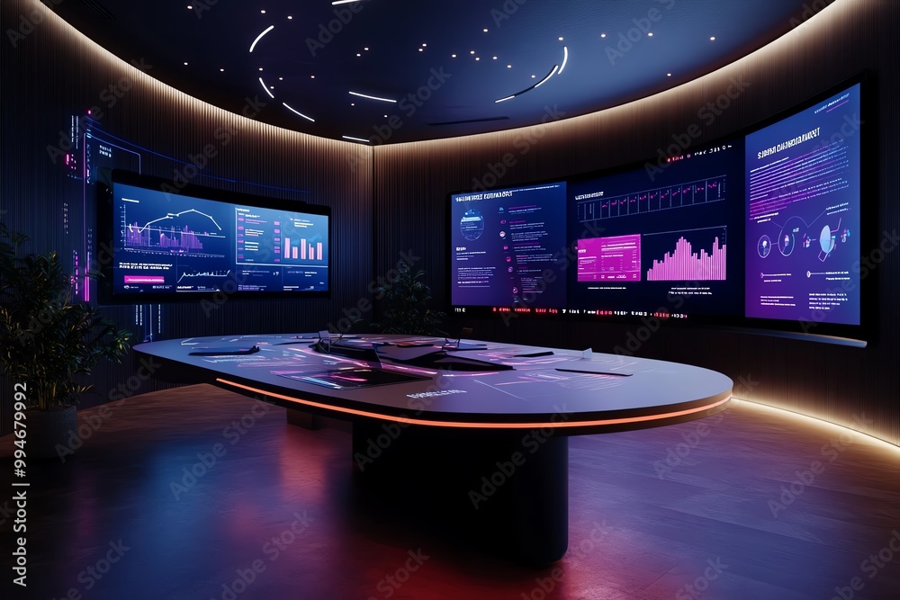 Poster a 3d visualization of a chamber of commerce boardroom meeting, with interactive digital screens and 