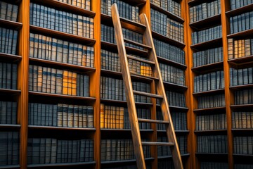 An old, grand library with tall wooden shelves, filled with ancient books and ladders to reach the highest shelves