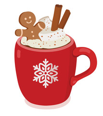 Hand drawn chirstmas coffee mug with gingerbread man cookie. Hand drawn vector illustration, isolated on white background.