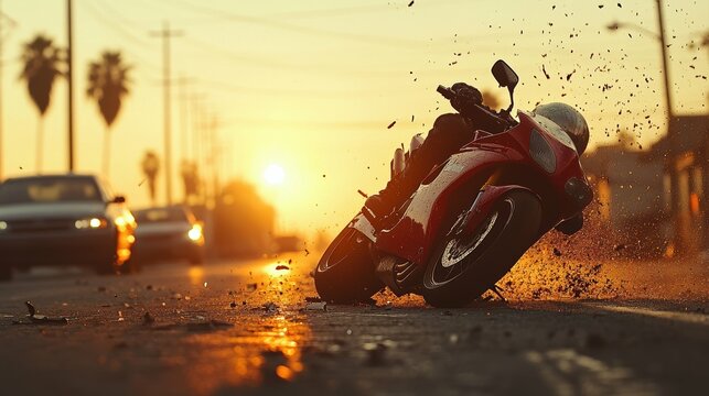 Motorcycle sideswipes a parked car, sending the rider tumbling across the asphalt