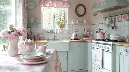 Shabby chic kitchen with pastel colors and vintage accessories