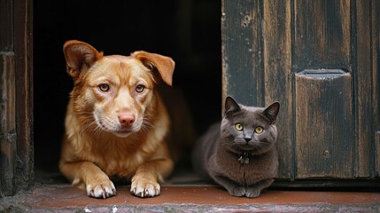 Lonely dog and aloof cat waiting by the door for their owner's return