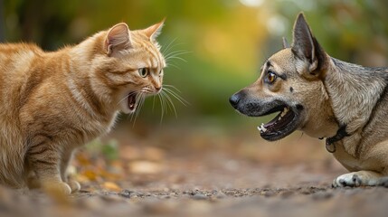 Brave cat hissing at a much larger cowering dog
