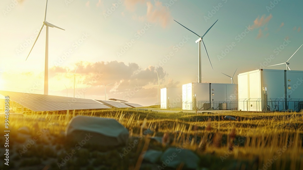 Wall mural a wind farm with solar panels and white buildings at sunset