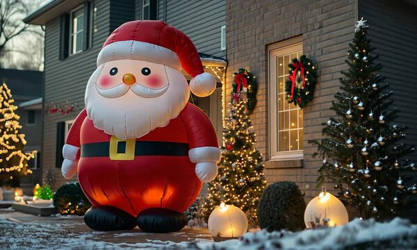 Inflatable Santa Claus decoration with festive lights and trees.