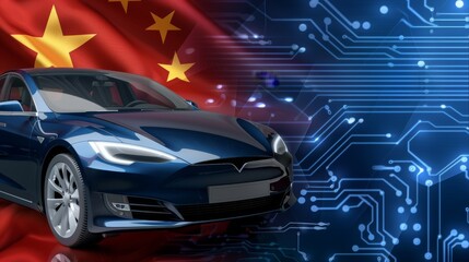 Modern electric car with Chinese flag and circuit background