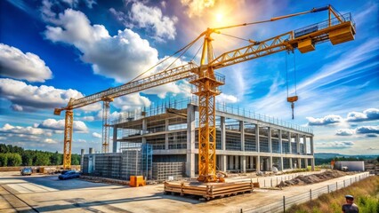 Construction site with several cranes working on a new office building under a blue sky