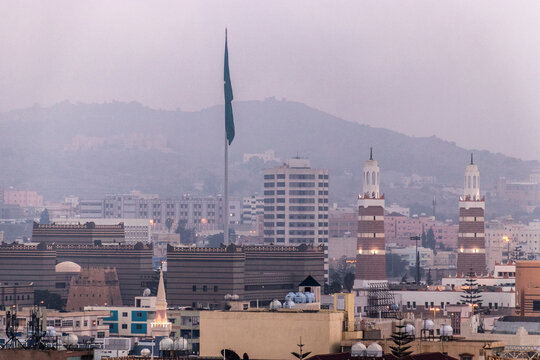 Emirate of Aseer Province building and King Abdulaziz Grand Mosque in Abha, Saudi Arabia