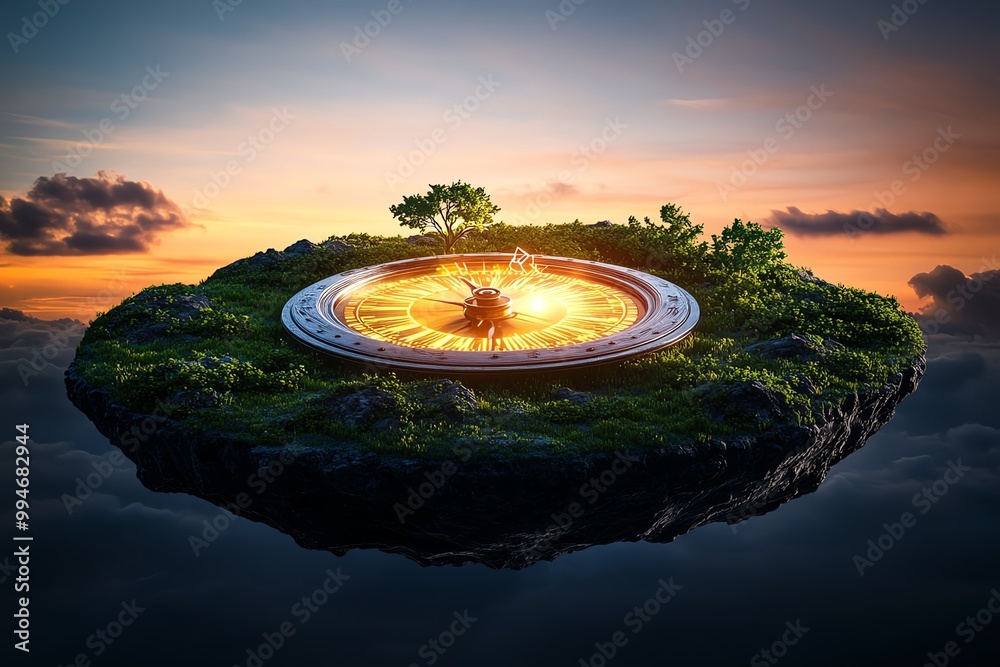 Poster A floating island where time flows in reverse, with a giant clock at its center spinning backward. The island is bathed in the soft light of a setting sun, casting warm orange and pink hues