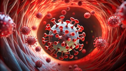 Microscopic view of coronavirus covid 19 virus cells flowing through a vein in the human body