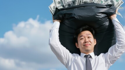 Man in suit carries bag of money with blue sky background.