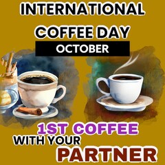 International coffee day October first coffee with your partner written by me with yellow background 