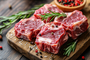 raw beef steak with rosemary on wooden board
