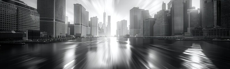 Fototapeta premium Buildings are reflected in the water of a river in a city, banner