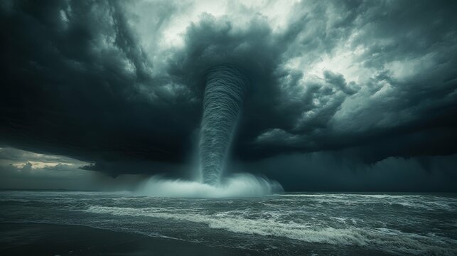 Majestic Waterspout Emerges in Stormy Ocean Amid Dark Clouds