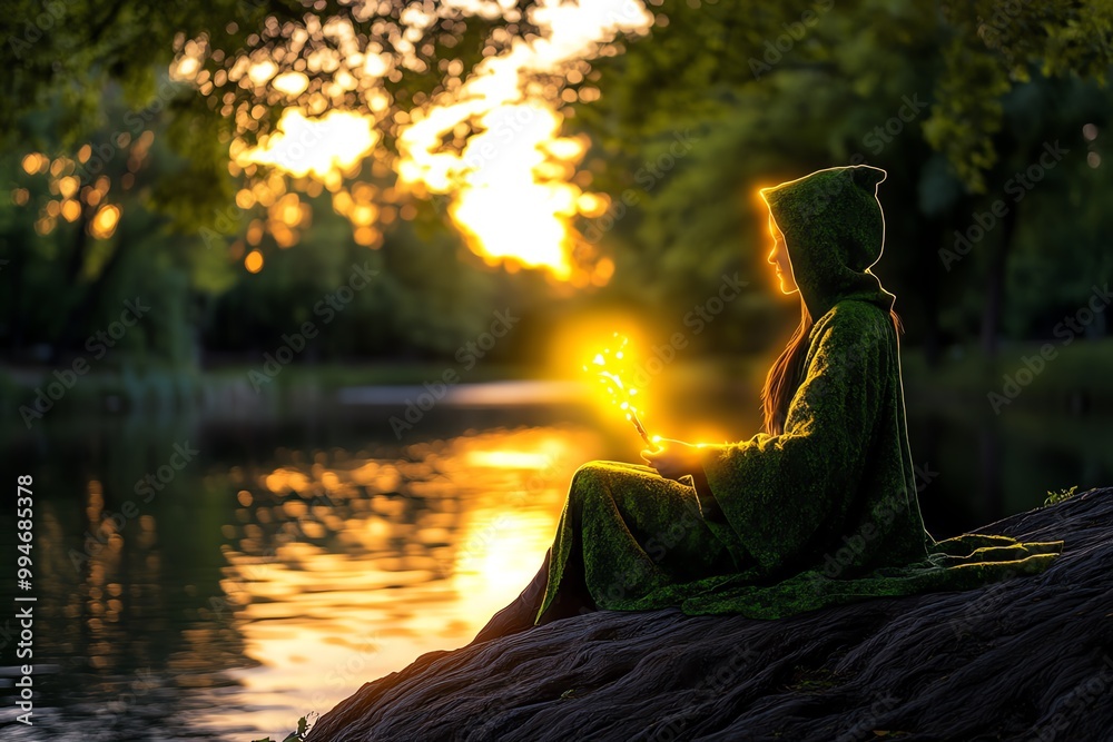 Aufkleber a witch dressed in a mossy green cloak, sitting on a large tree branch overlooking a tranquil river.