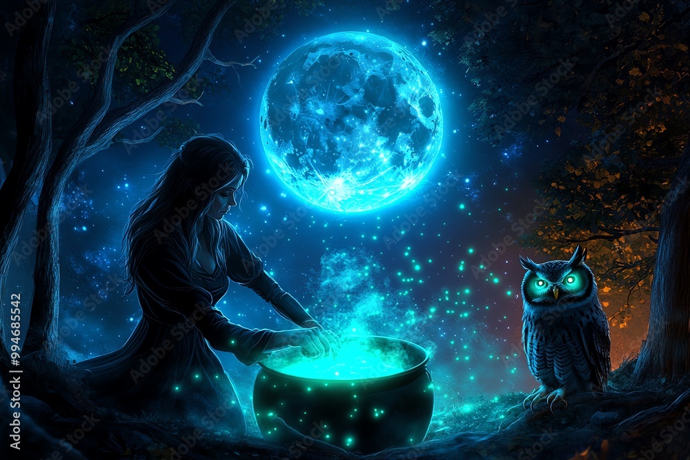 Poster a witch stirring a cauldron in a forest under the glow of a full moon, with the trees around her lit
