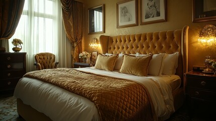 Glamorous Hollywood Regency bedroom with velvet and gold accents 