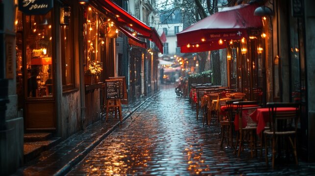 Parisian cafe scene in the rain charming streetscape with awnings and cobblestones glistening under a soft drizzle warm lights from windows creating a cozy atmosphere