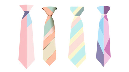 Four colorful, patterned ties on a white isolated background. transparent background.