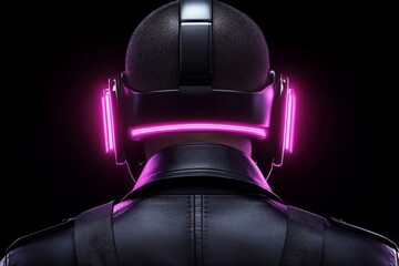 Obraz premium Futuristic neon back view of a person wearing a helmet with glowing lights symbolizing technology innovation and digital communication