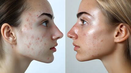 Acne treatment result comparison  side-by-side progression from severe acne to a clear, even skin tone, photographed in a medical clinic setting