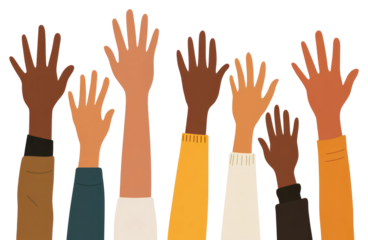 PNG Hands raised illustration multicultural togetherness.