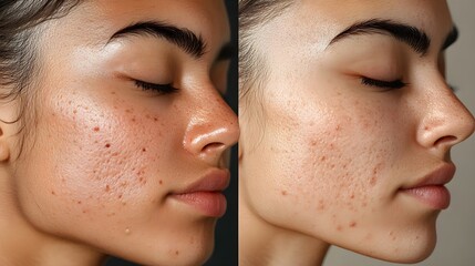 Obraz premium Before-and-after acne treatment, highlighting pore reduction, smooth skin, and removal of acne scars, Photorealistic, High Detail, Bright Lighting