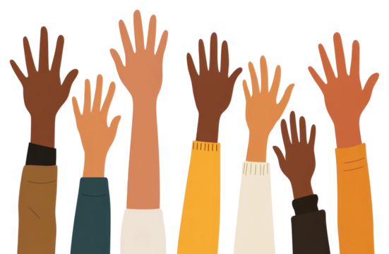 PNG Hands raised illustration multicultural togetherness.